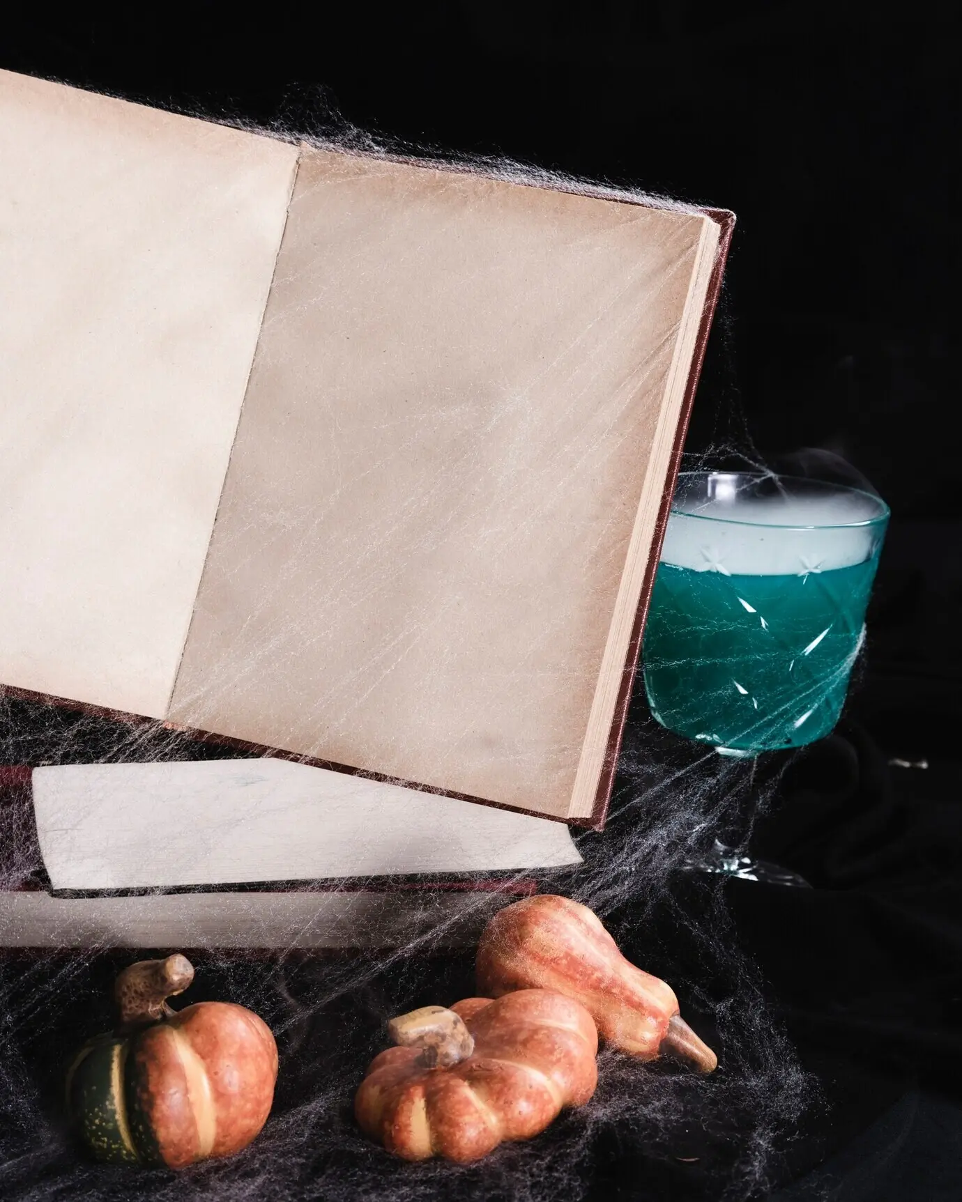 Макет книги с паутиной и напитком