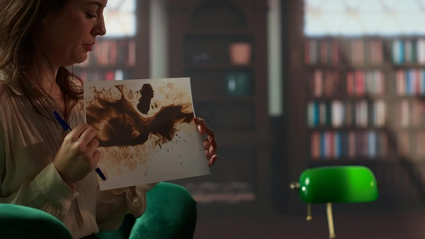 Военный ветеран изучает кляксу Роршаха на сеансе терапии с консультантом.